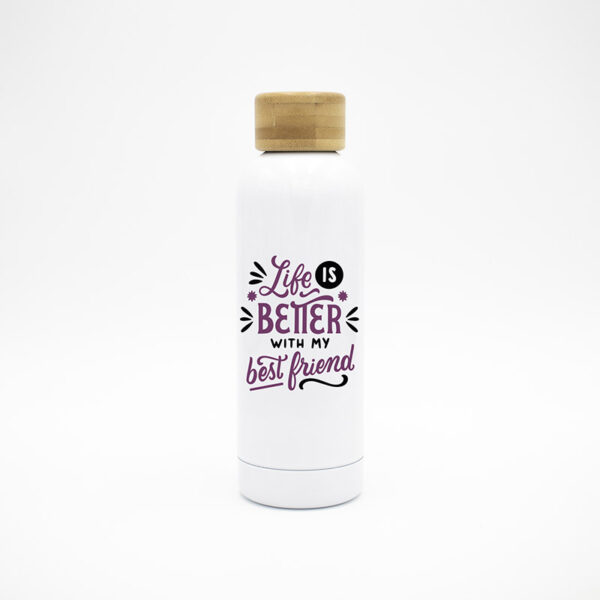 Garrafa com tampa em bambu "Life is Better…"